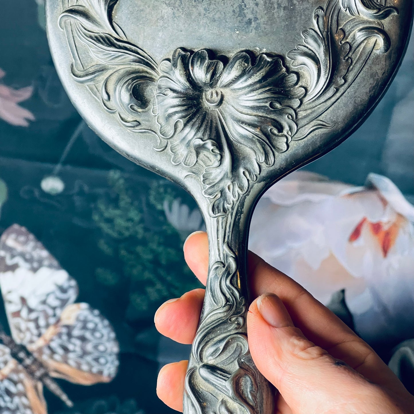 Antique Art Nouveau Poppies Vanity Hand Mirror