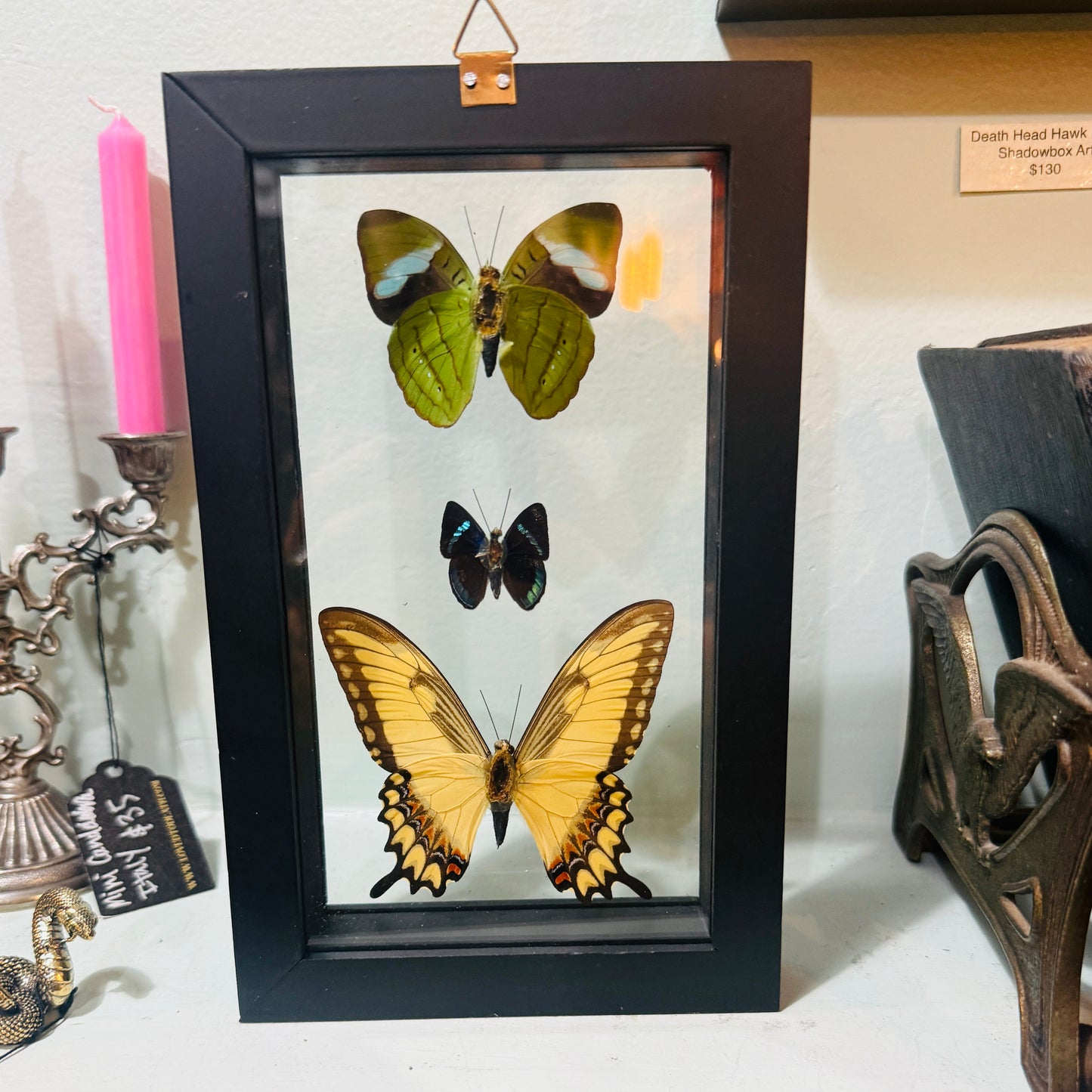 3 Butterfies In Double Glass Frame Black