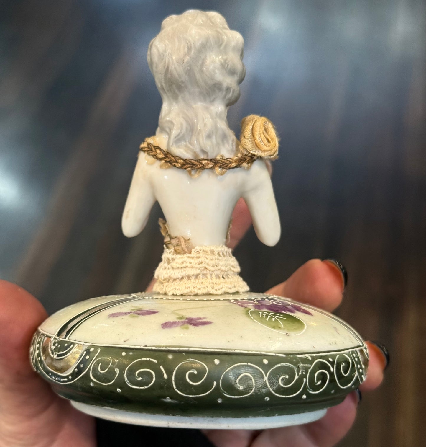 Antique Porcelain Victorian Woman Trinket Powder Box