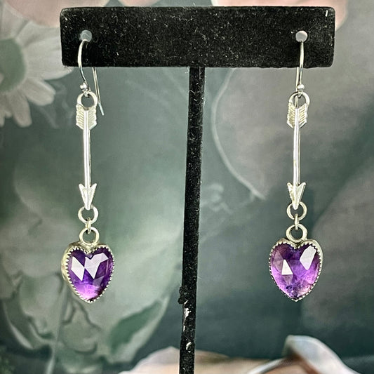 Gothic Victorian Handmade Arrow Amethyst Hearts Sterling Earrings