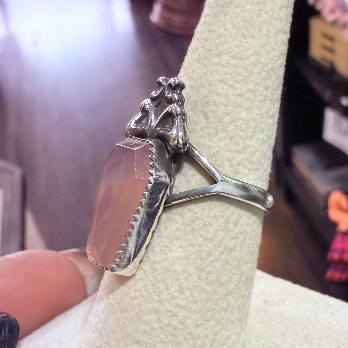 Gothic Art Nouveau Sterling Rose Quartz Coffin Ring