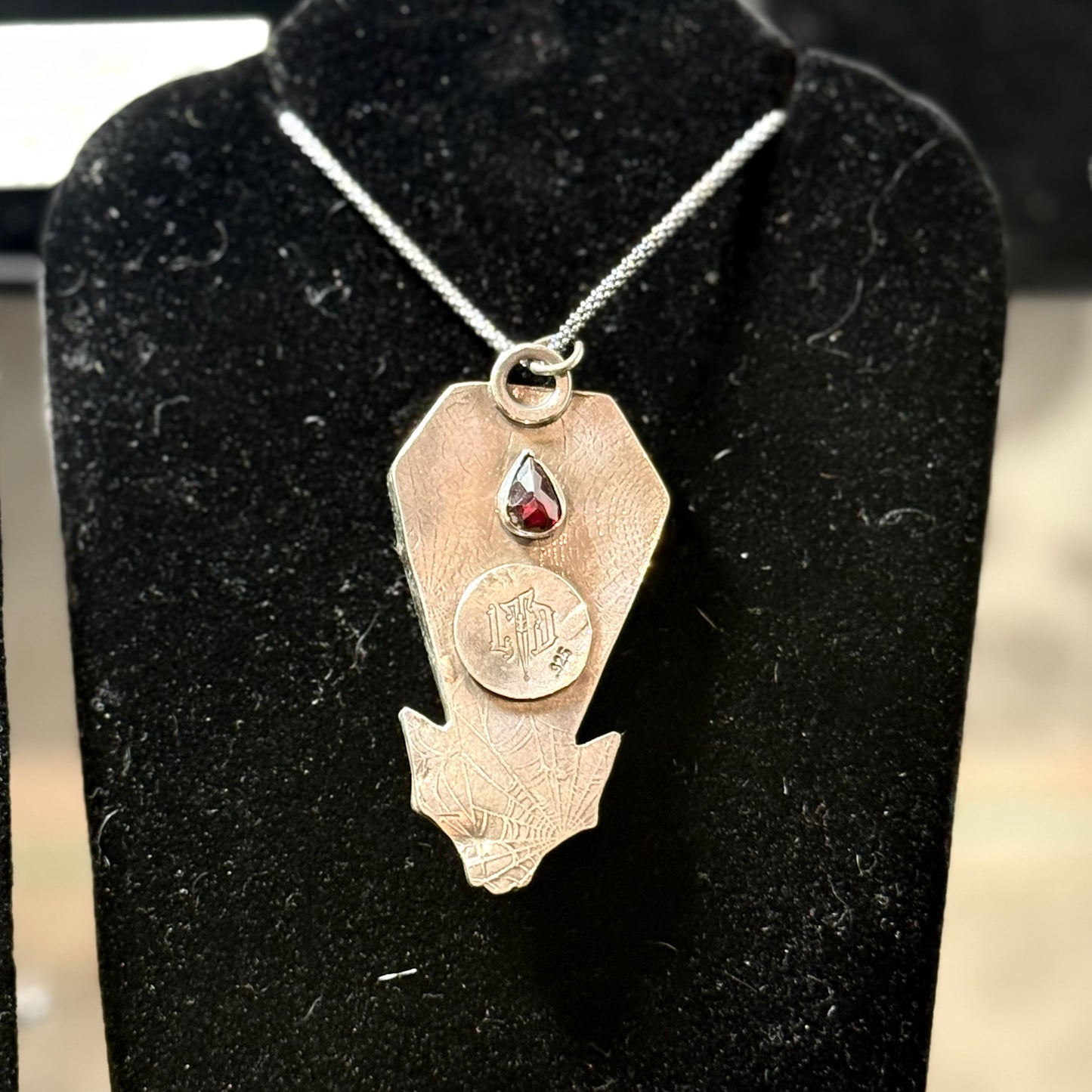 Gothic Victorian Obsidian Coffin Sterling Bat Necklace