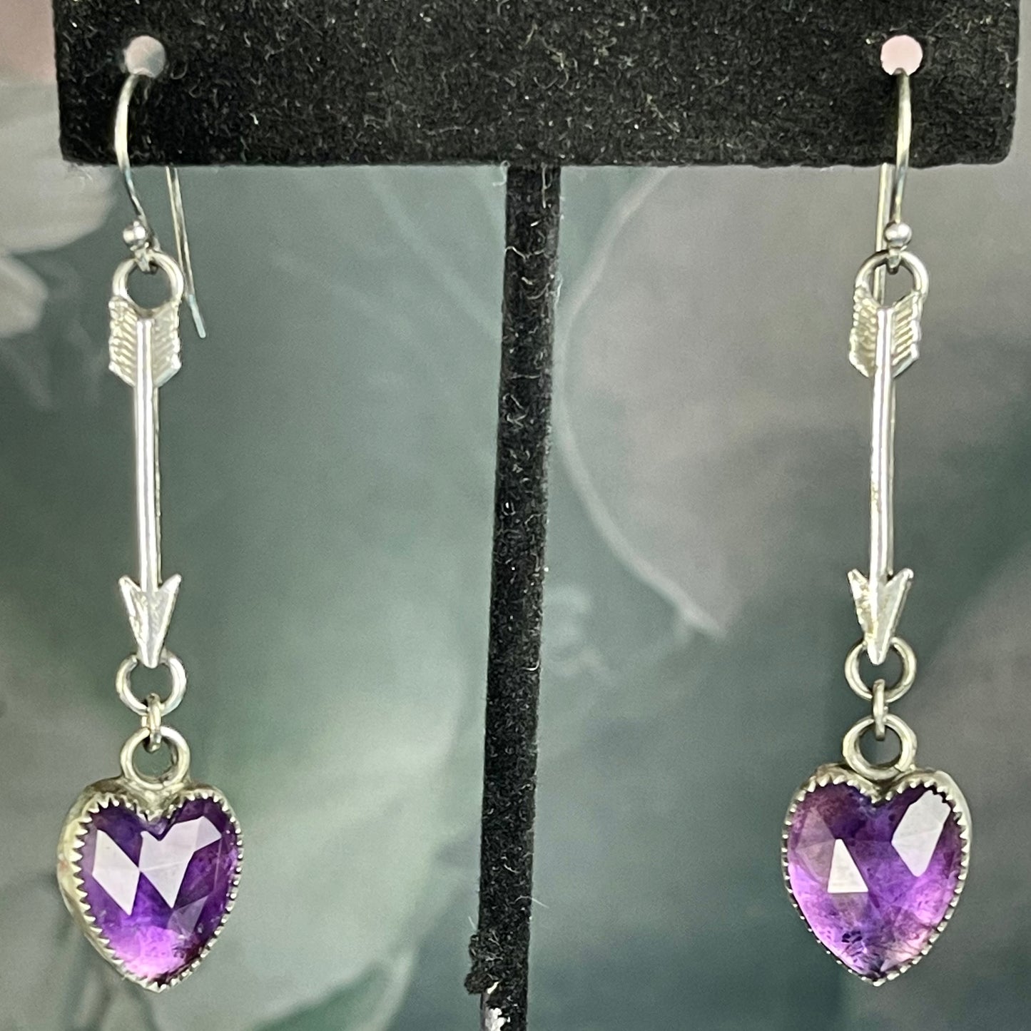 Gothic Victorian Handmade Arrow Amethyst Hearts Sterling Earrings