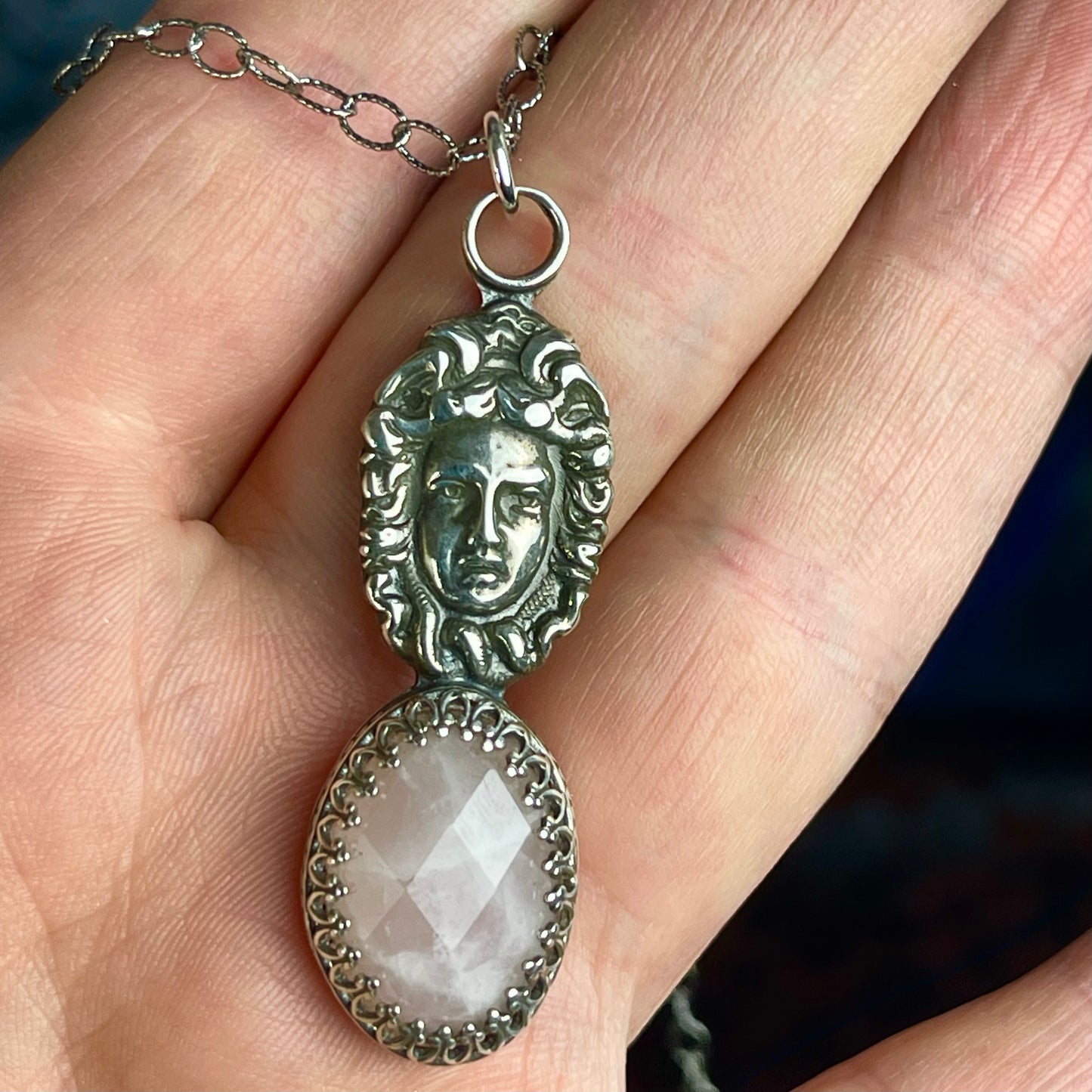 The Mini Medusa Gothic Victorian Sterling Necklace Rose Quartz