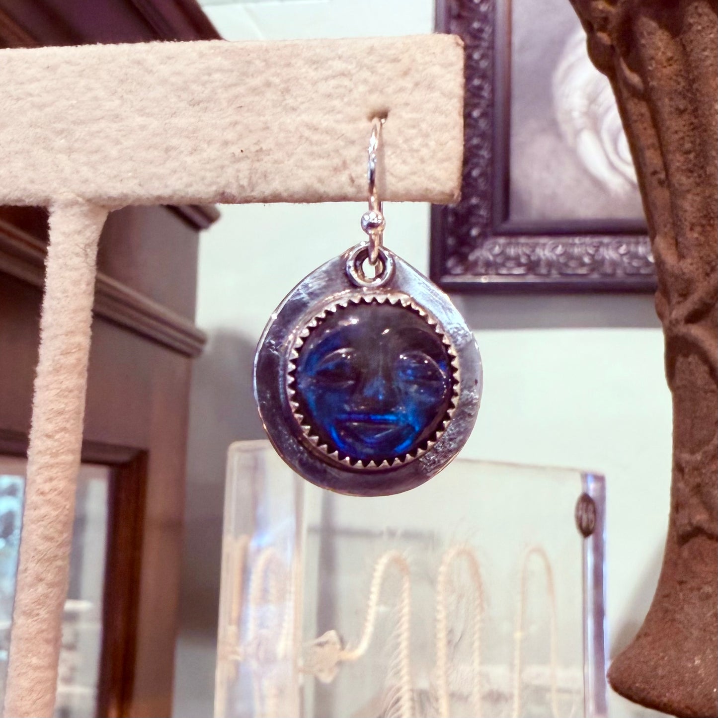 Sterling Labradorite Carved Moon Face Earrings