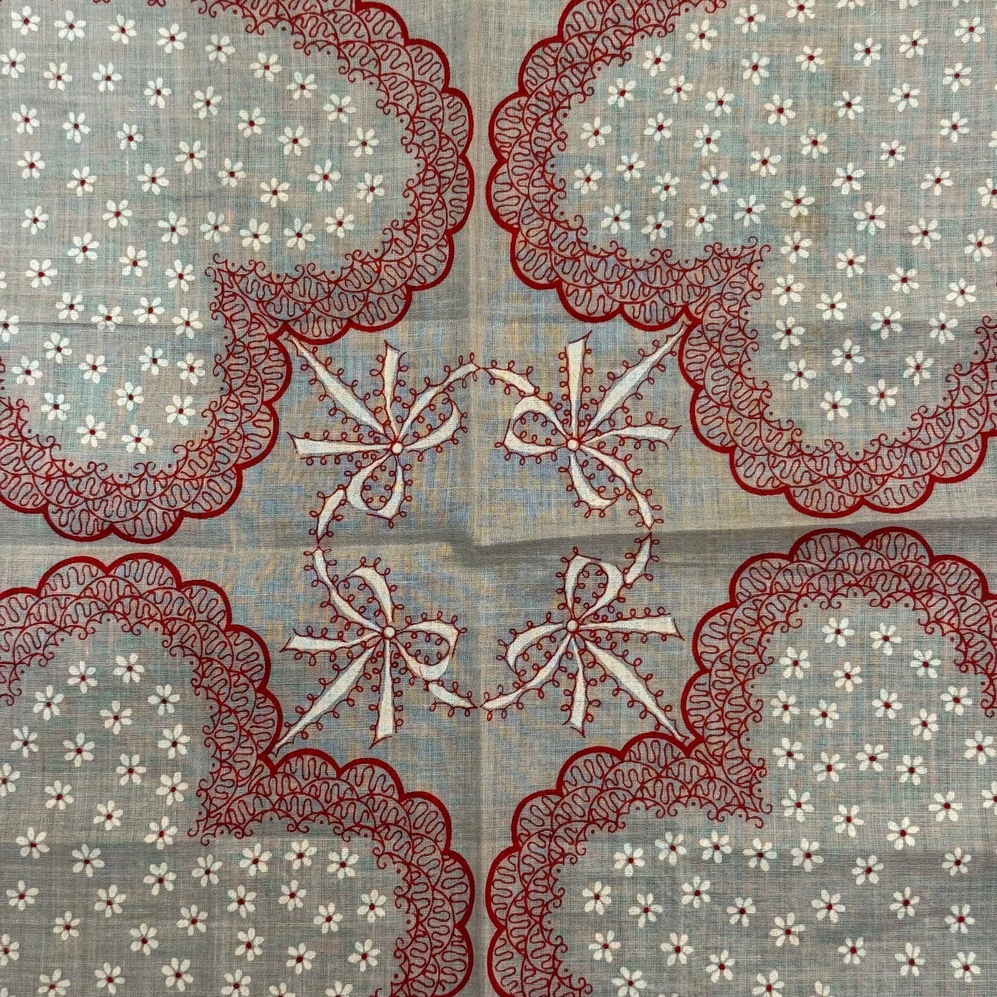 Antique Valentine Large Hearts & Ribbons Handkerchief