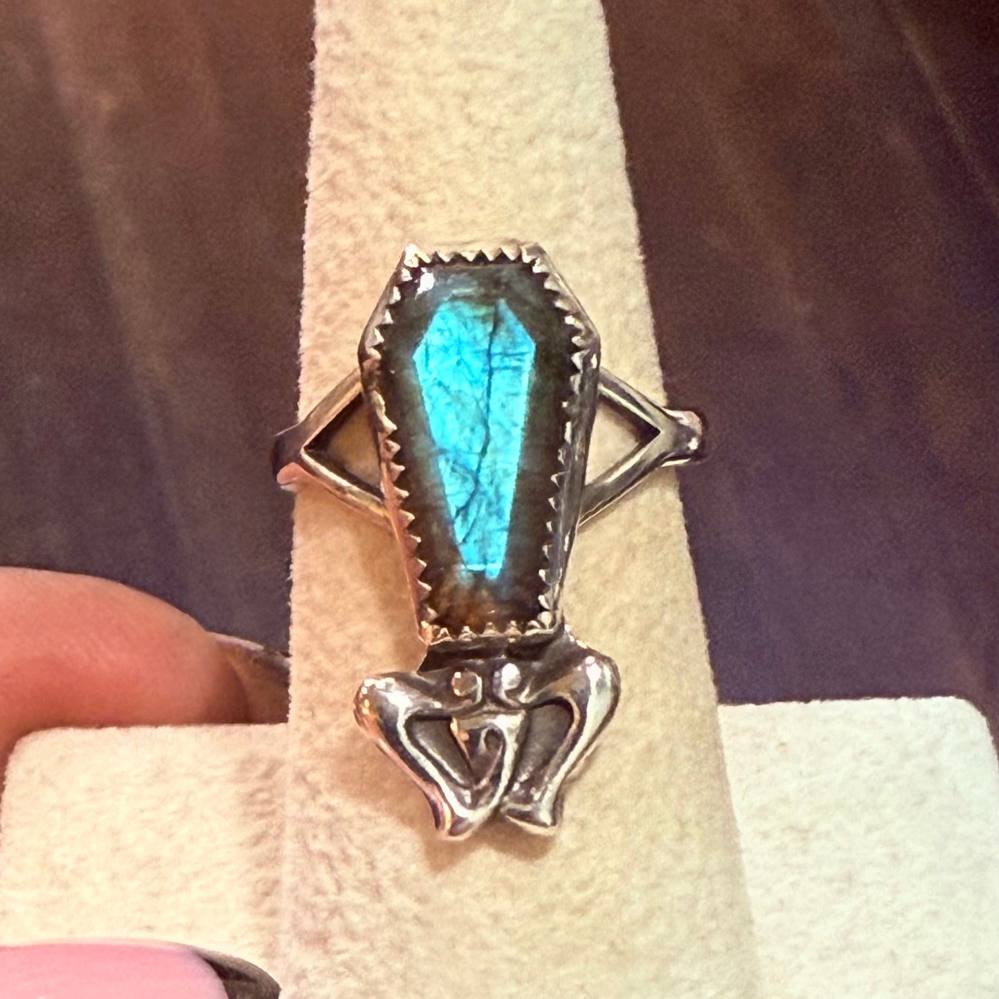 Gothic Art Nouveau Sterling Labradorite Coffin Ring