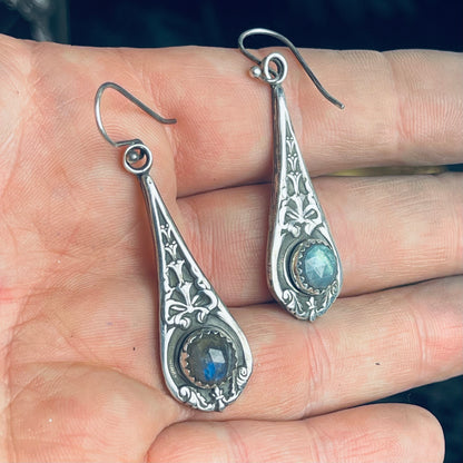 Gothic Victorian Handmade Sterling Labradorite Bow Earrings