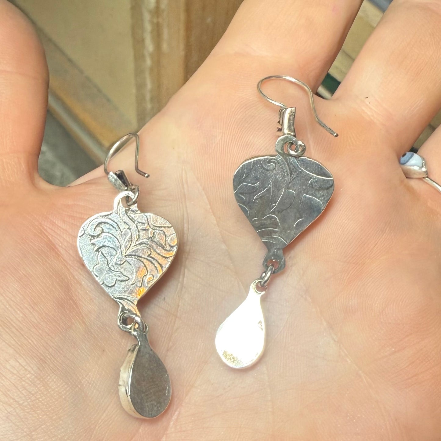 Sterling Gothic Victorian Lover’s Eye Black Heart Earrings Garnet Drops Blue Eye