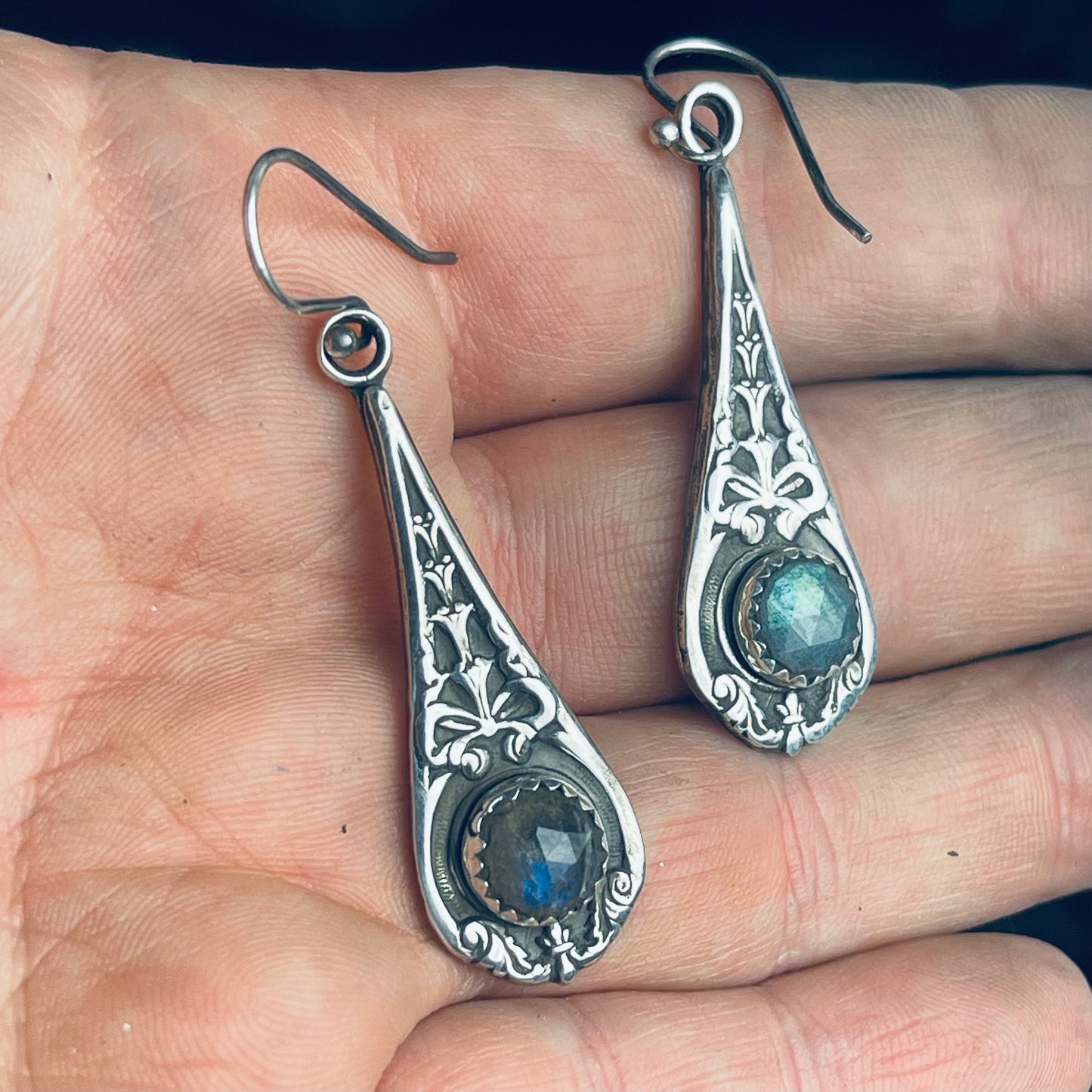 Gothic Victorian Handmade Sterling Labradorite Bow Earrings