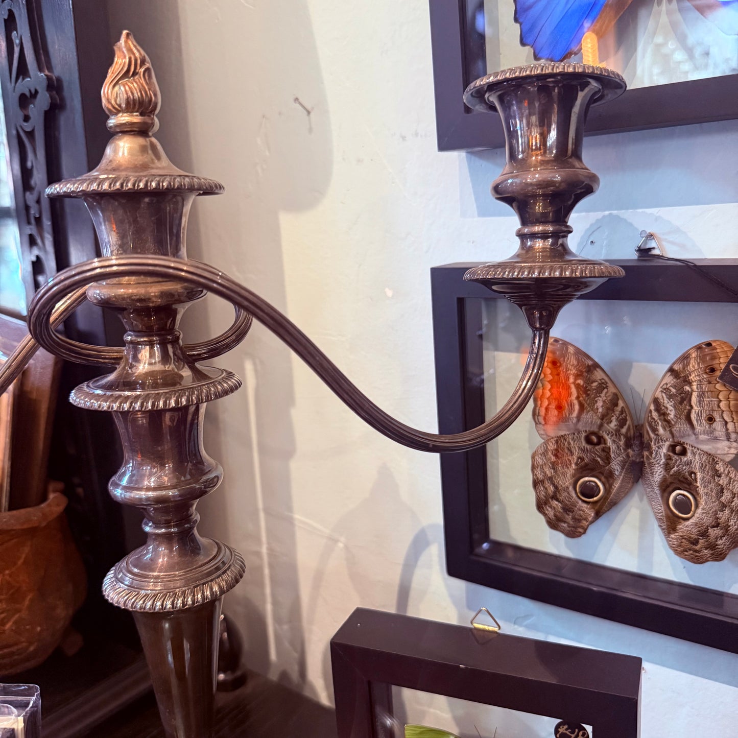 Antique Silver Plate Two Arm Triple Candelabra With Torch Finial