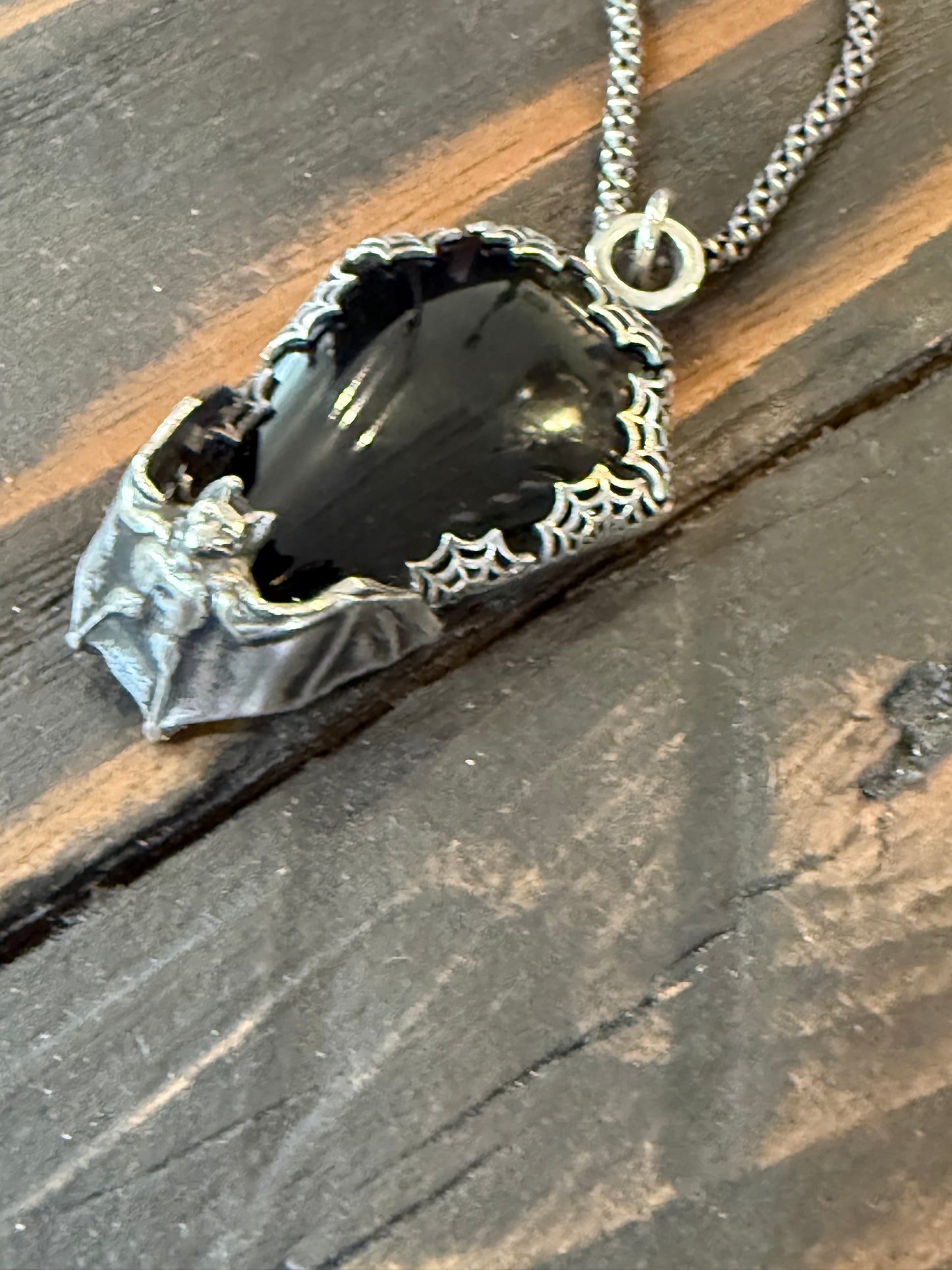 Gothic Victorian Handmade Obsidian Coffin Bat Spiderweb Necklace