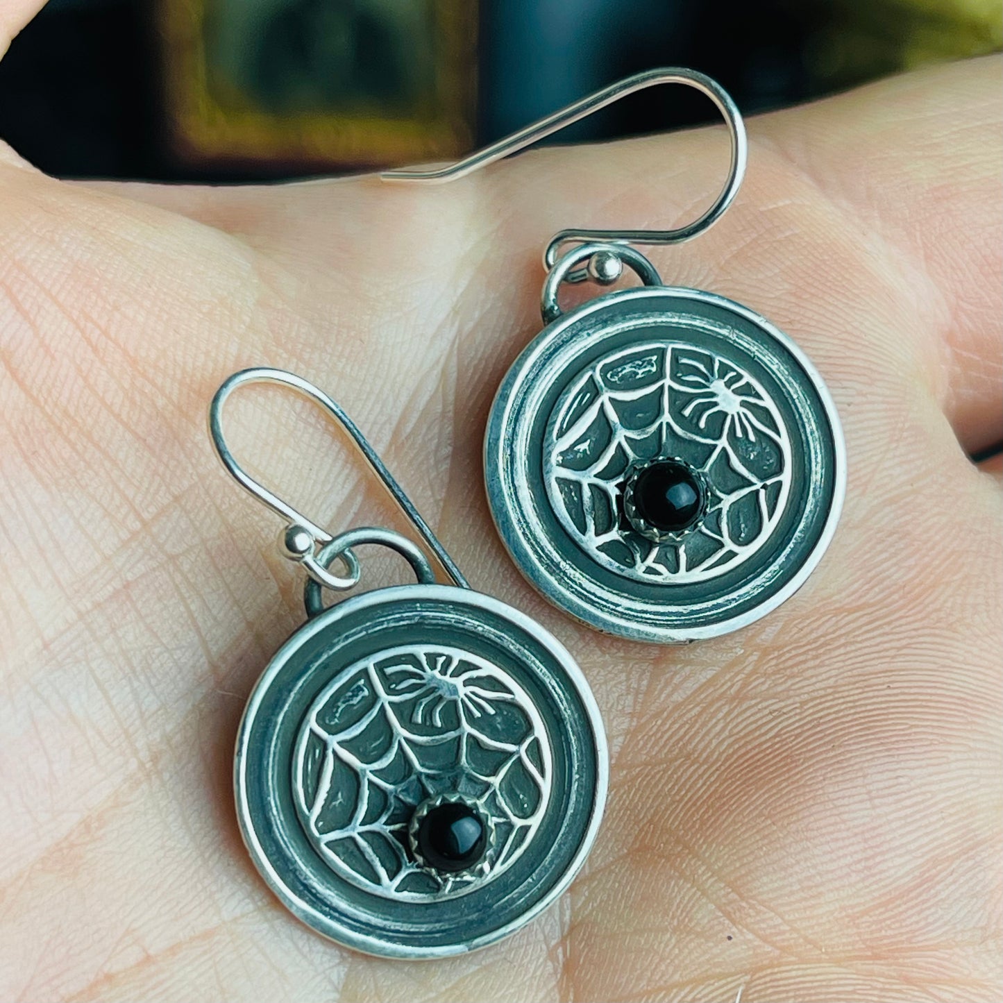 Gothic Victorian Handmade Black Onyx Spider Web Earrings