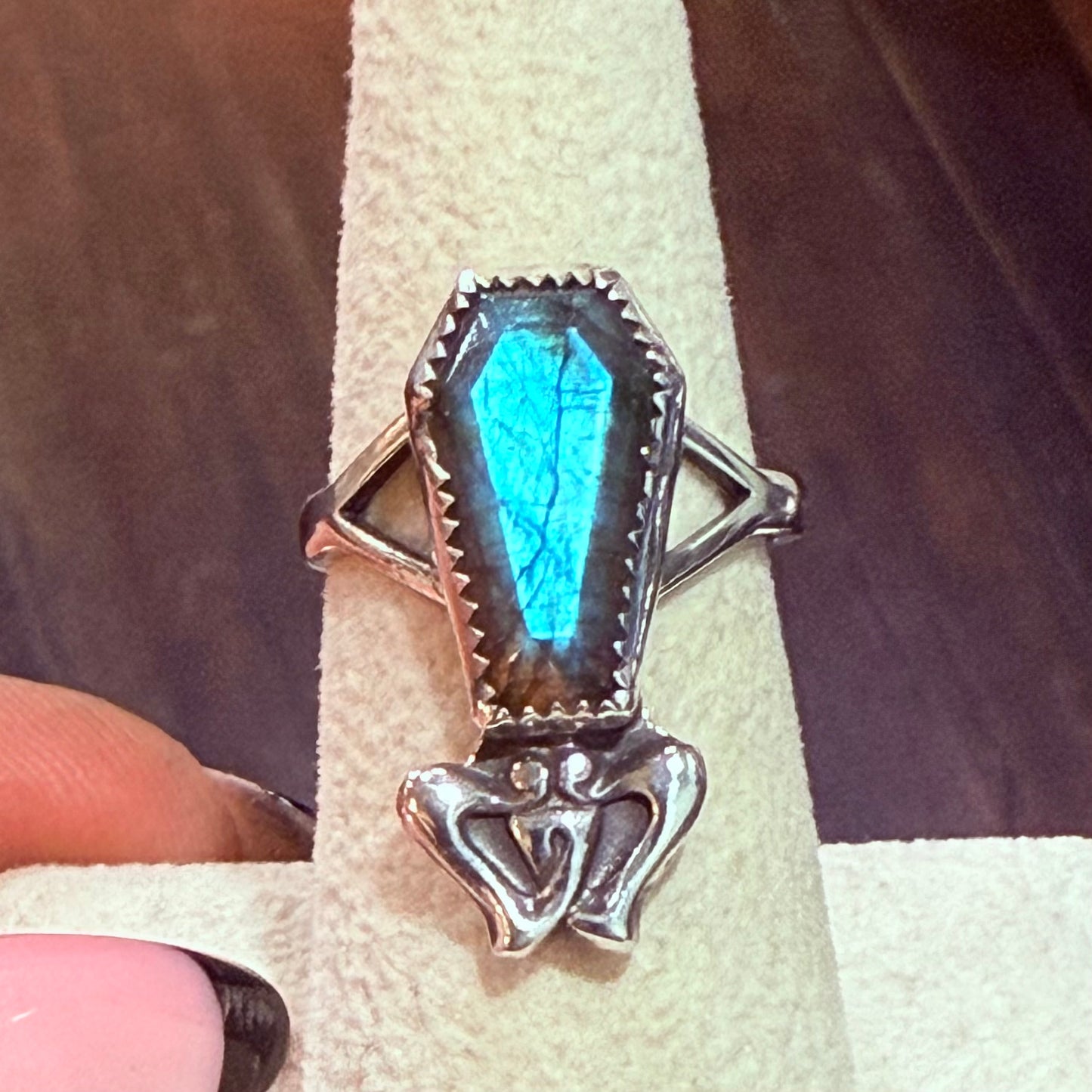 Gothic Art Nouveau Sterling Labradorite Coffin Ring
