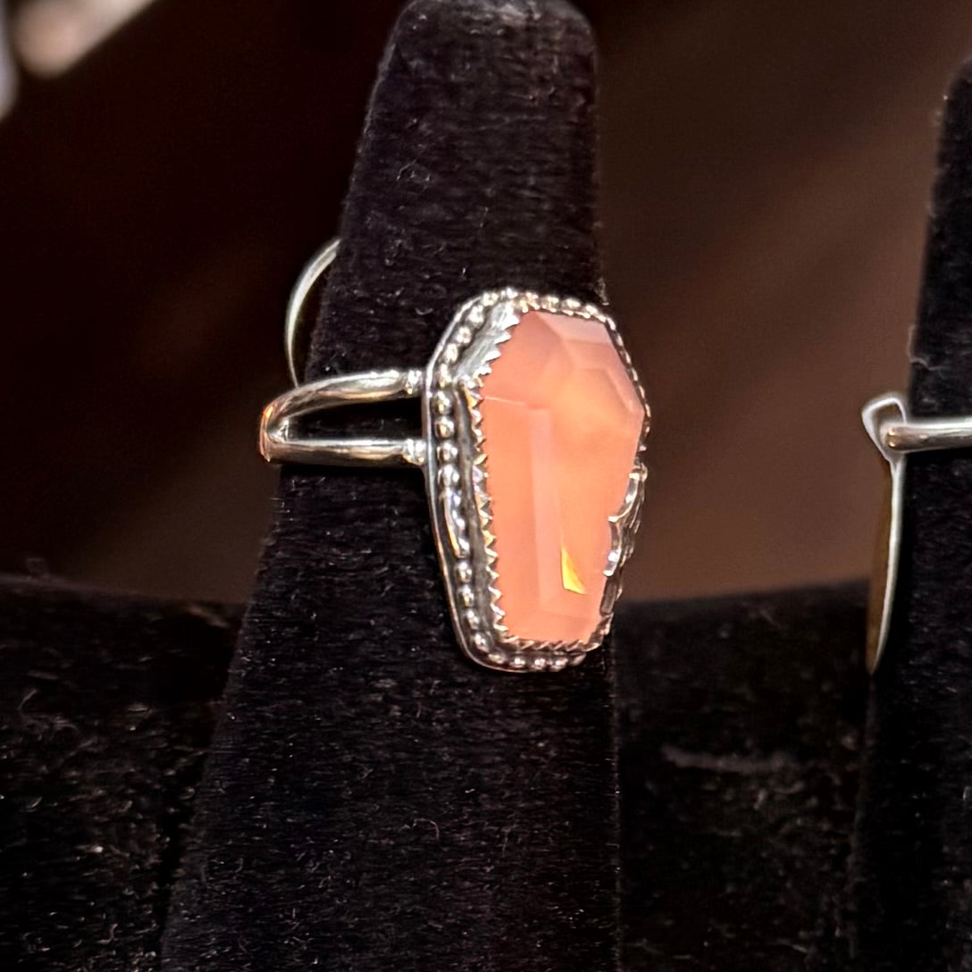 Sterling Spiderweb Rose Quartz Coffin Ring Handmade