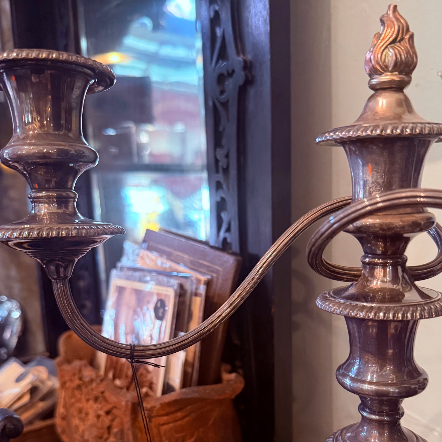 Antique Silver Plate Two Arm Triple Candelabra With Torch Finial