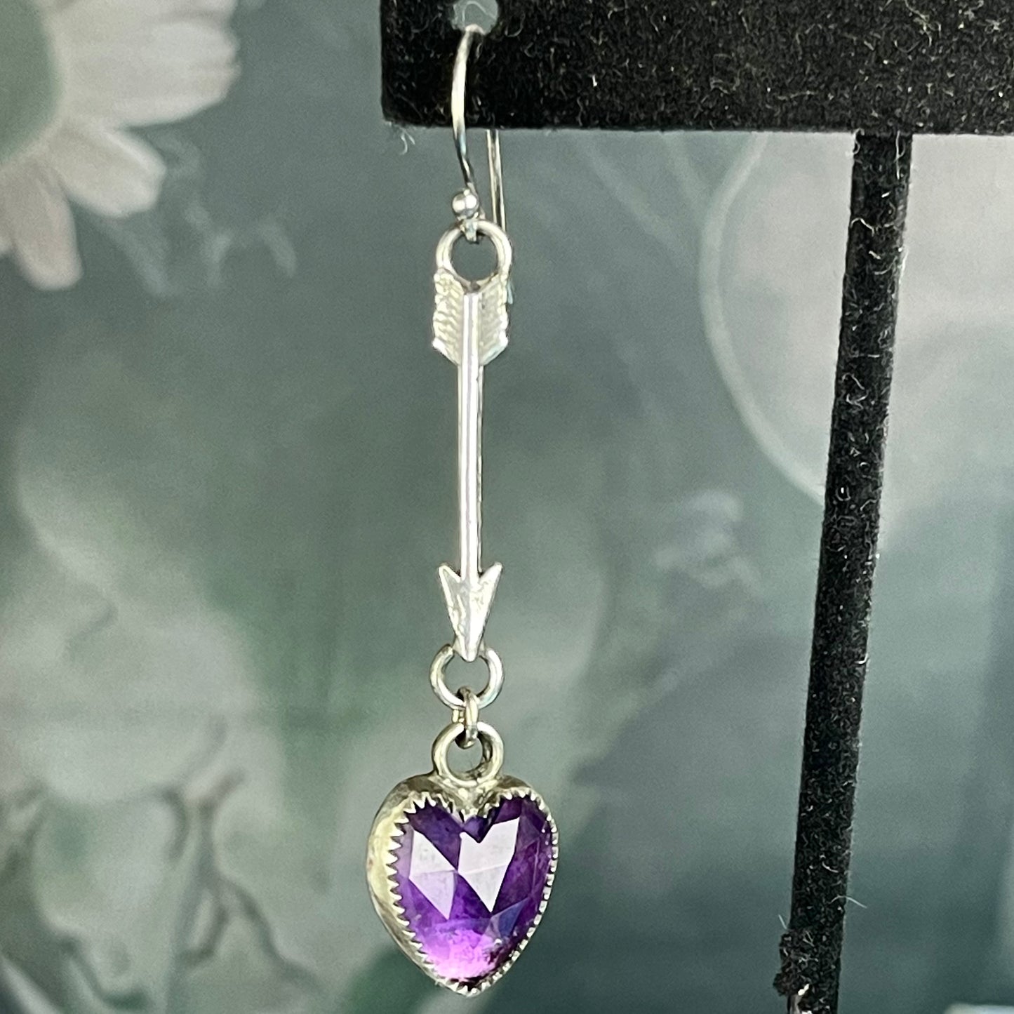 Gothic Victorian Handmade Arrow Amethyst Hearts Sterling Earrings