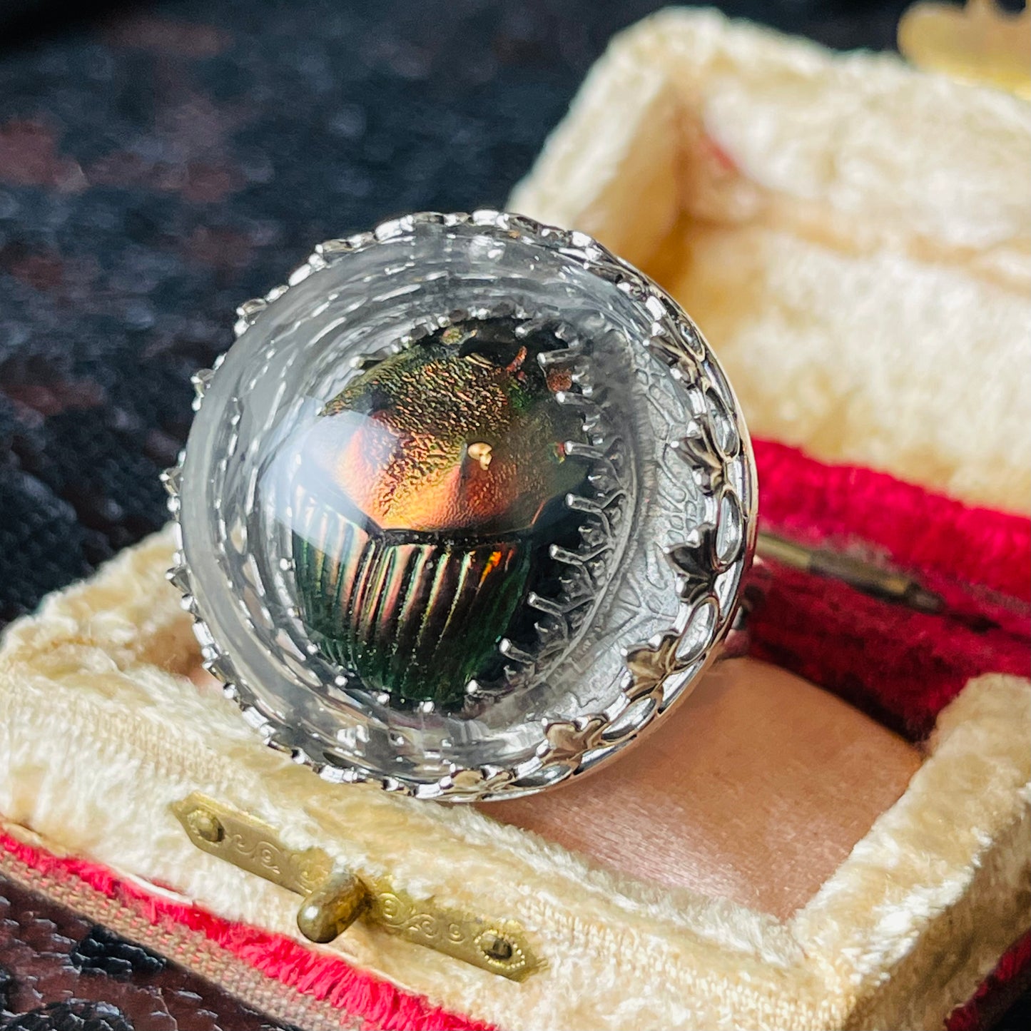 Victorian Thistle Red Green Demon Scarab Beetle Sterling Ring