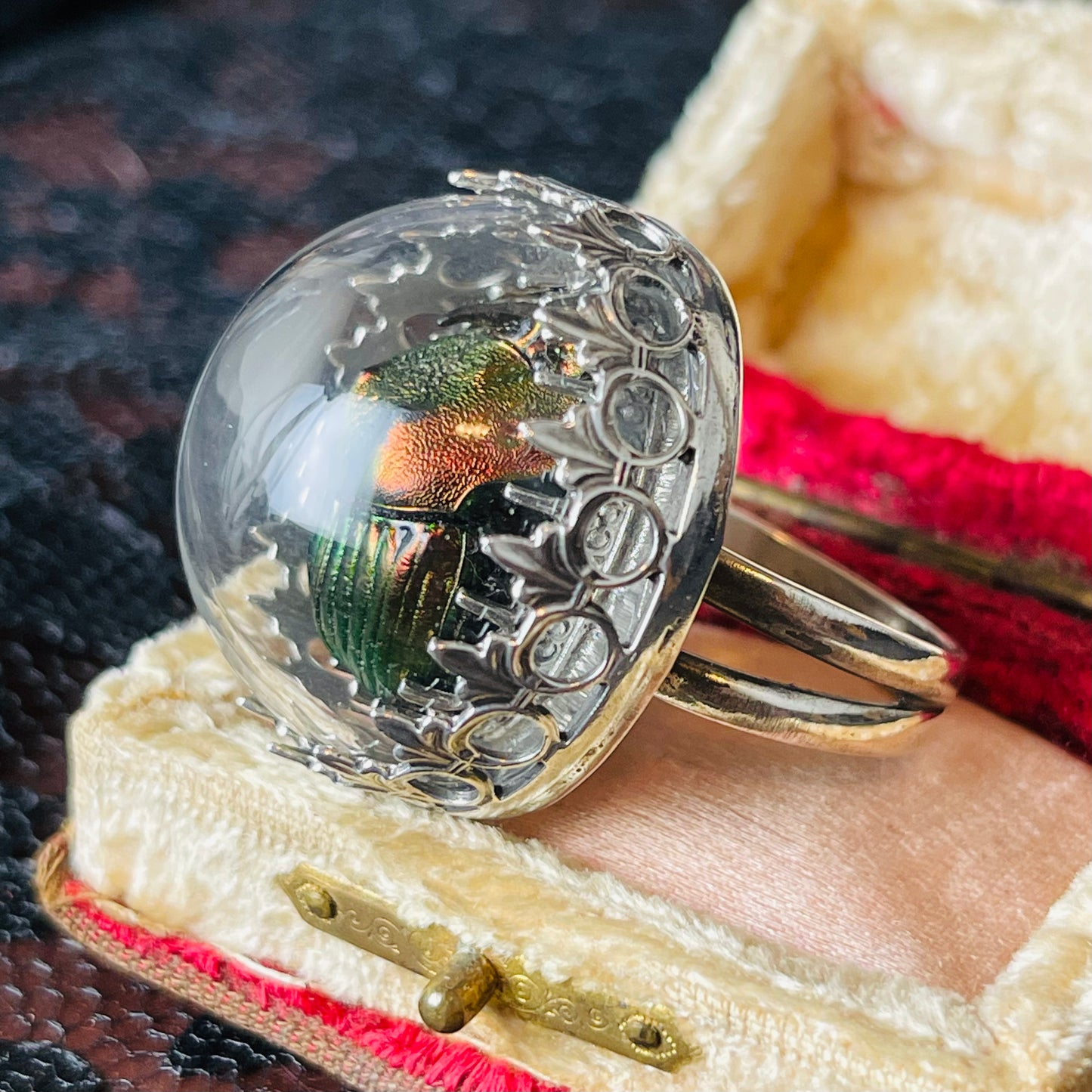 Victorian Thistle Red Green Demon Scarab Beetle Sterling Ring