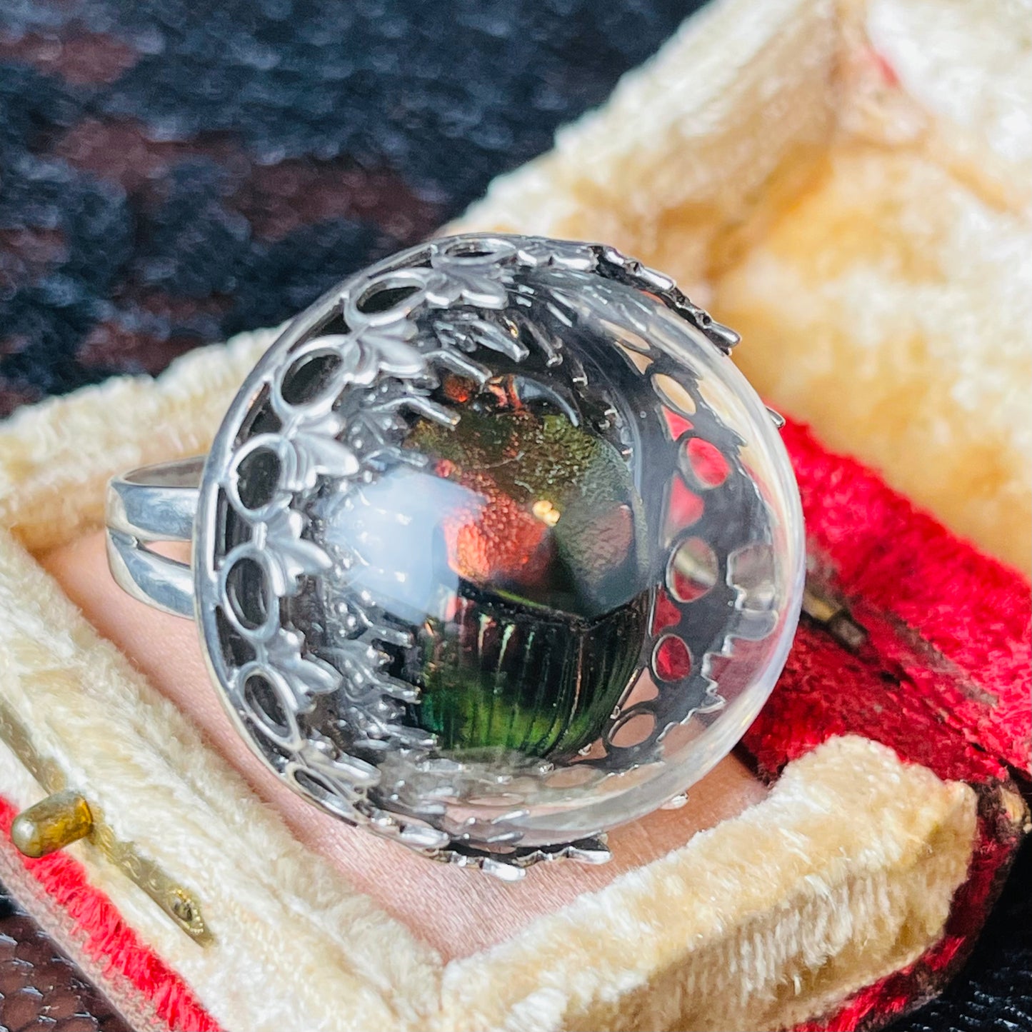 Victorian Thistle Red Green Demon Scarab Beetle Sterling Ring