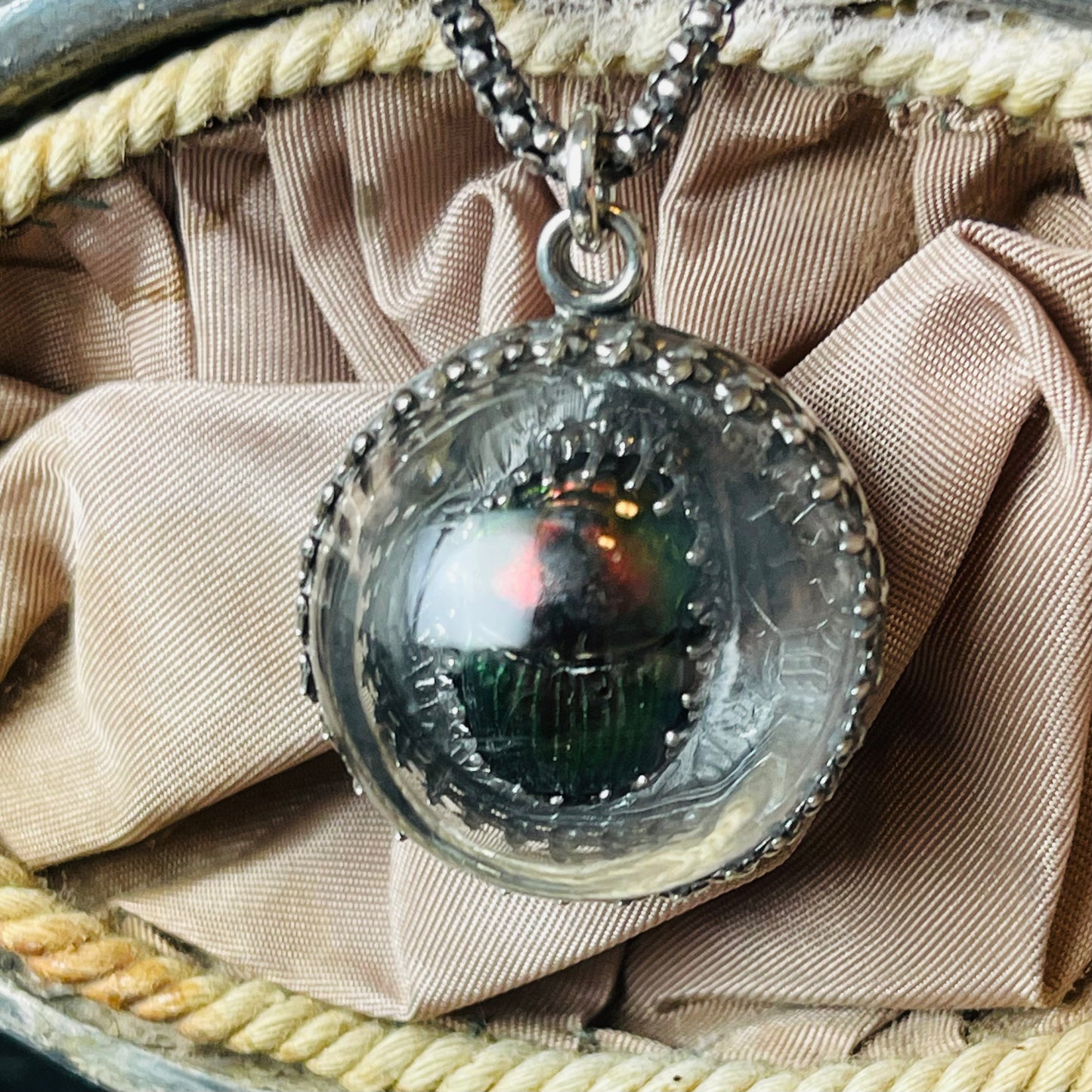 Victorian Thistle Dome Red Green Demon Scarab Beetle Sterling Necklace Small