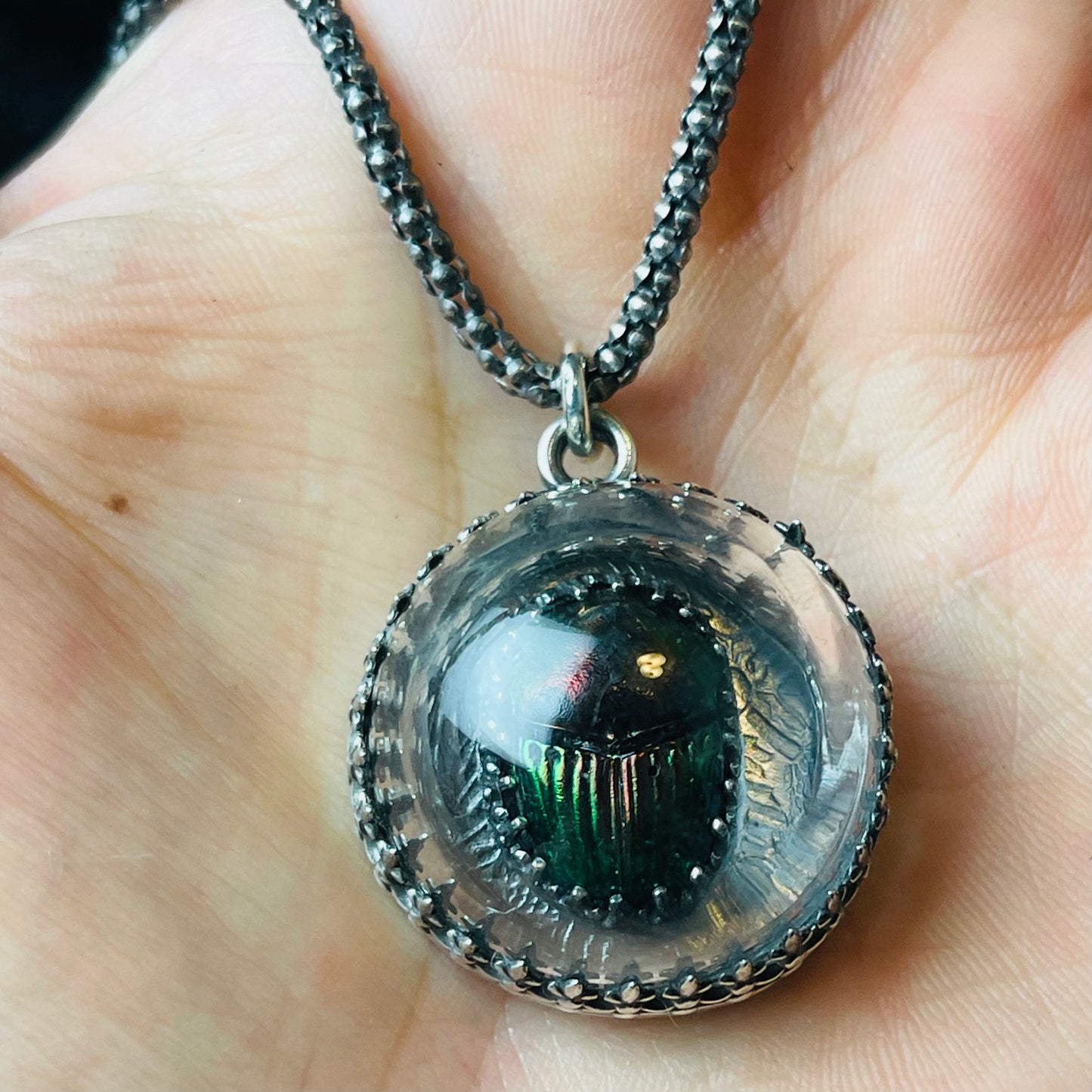 Victorian Thistle Dome Red Green Demon Scarab Beetle Sterling Necklace Small