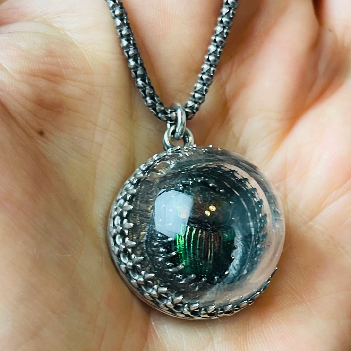 Victorian Thistle Dome Red Green Demon Scarab Beetle Sterling Necklace Small
