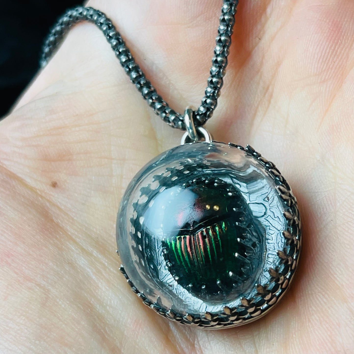 Victorian Thistle Dome Red Green Demon Scarab Beetle Sterling Necklace Small