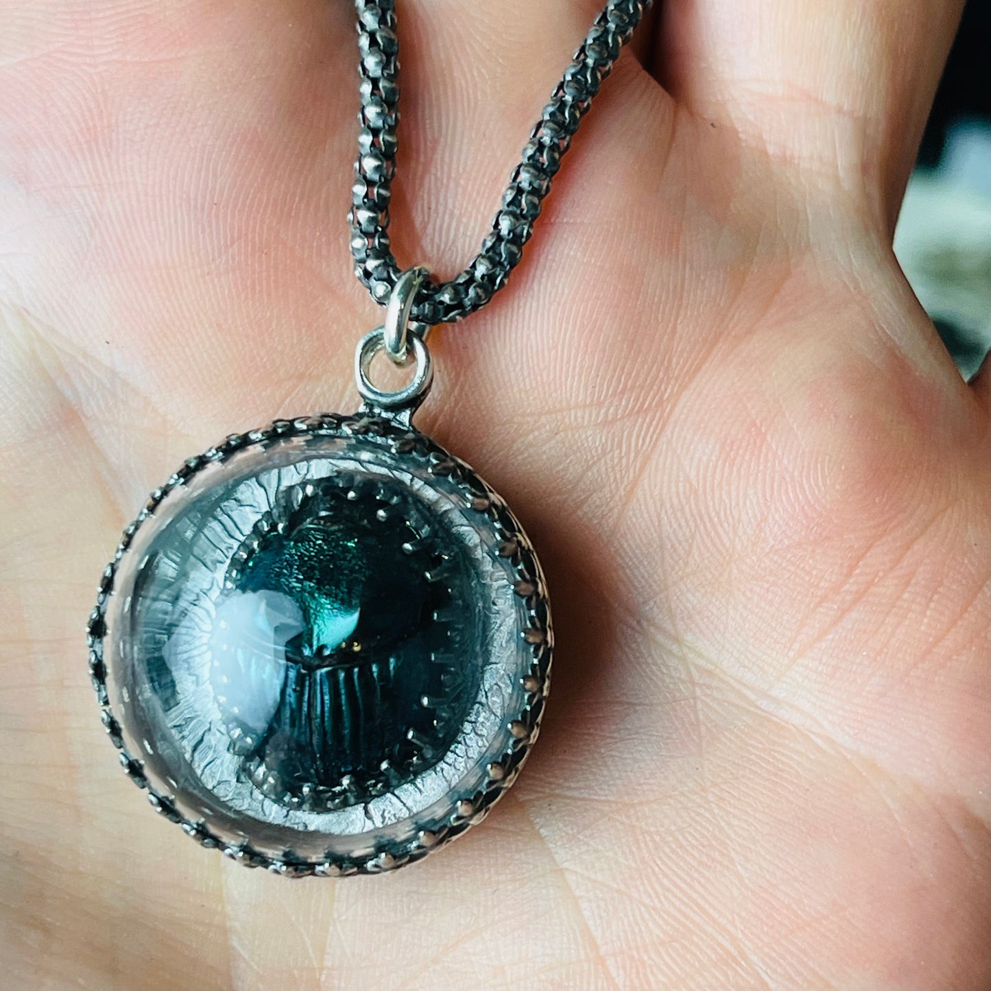 Victorian Thistle Dome Blue Green Scarab Beetle Sterling Necklace Small