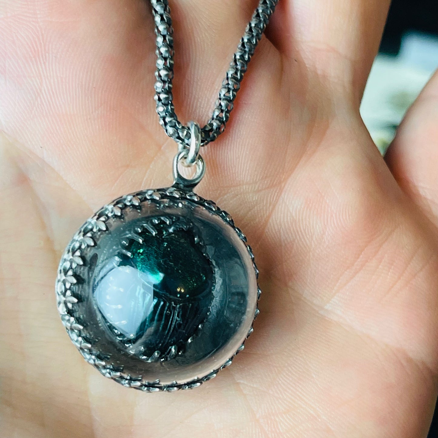Victorian Thistle Dome Blue Green Scarab Beetle Sterling Necklace Small