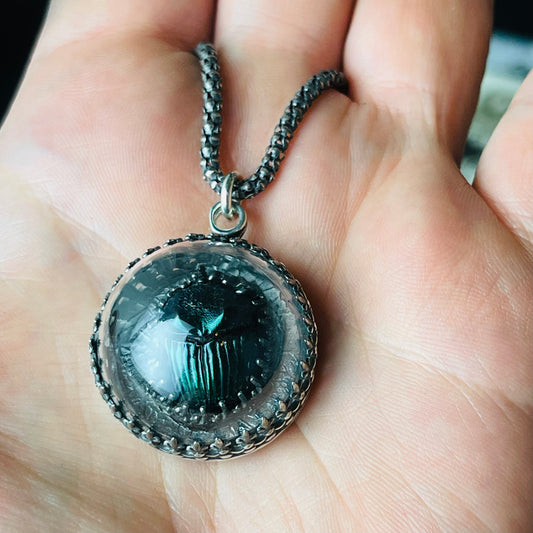 Victorian Thistle Dome Blue Green Scarab Beetle Sterling Necklace Small