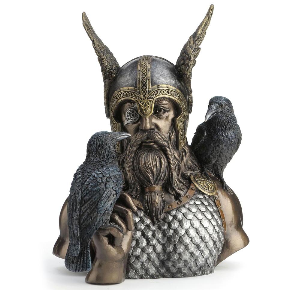 Odin Bust With Ravens Statue Silver