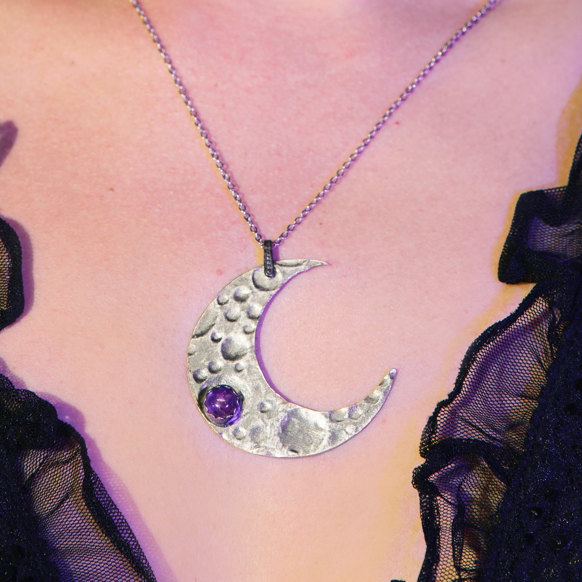 Amethyst Crescent Moon Sterling Amulet Necklace - Loved To Death