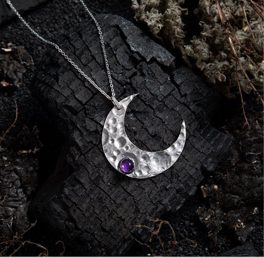 Amethyst Crescent Moon Sterling Amulet Necklace - Loved To Death