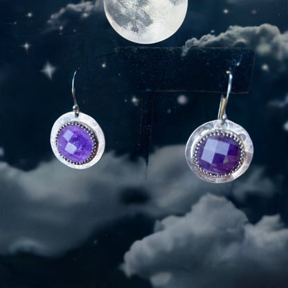 Amethyst Faceted Full Moon Sterling Amulet Earrings - Loved To Death