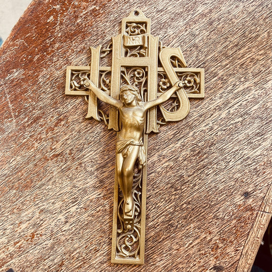Antique Brass IHS Cross Crucifix - Loved To Death