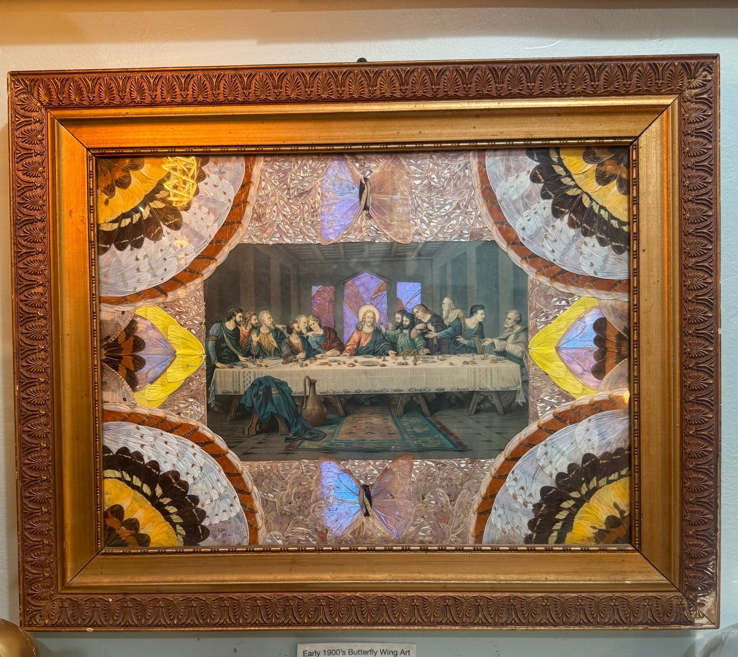 Antique Early 1900’s Last Supper Butterfly Wing Art Carved Wood Frame - Loved To Death