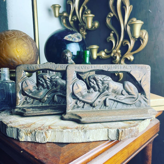 Antique Lion of Lucerne Cast Iron Bookends - Loved To Death