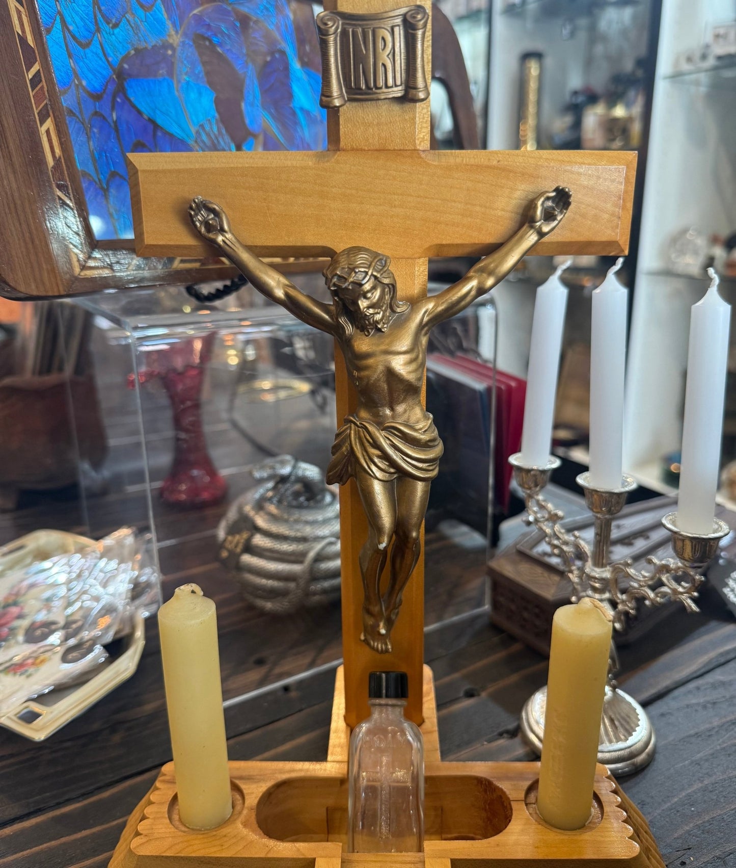 Antique Wood Wall Crucifix Hidden Last Rites Sick Call Set - Loved To Death