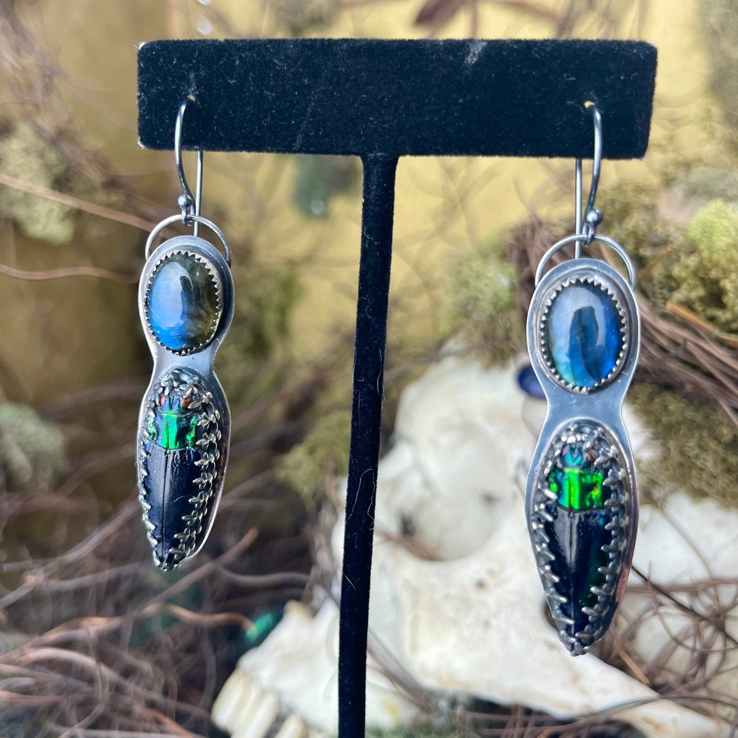 { Bella } Genuine Jewel Beetle & Labradorite Sterling Earrings - Loved To Death