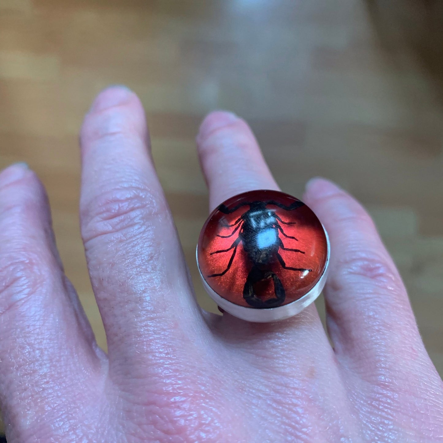 Black Scorpion in Red Globe Sterling Ring - Loved To Death