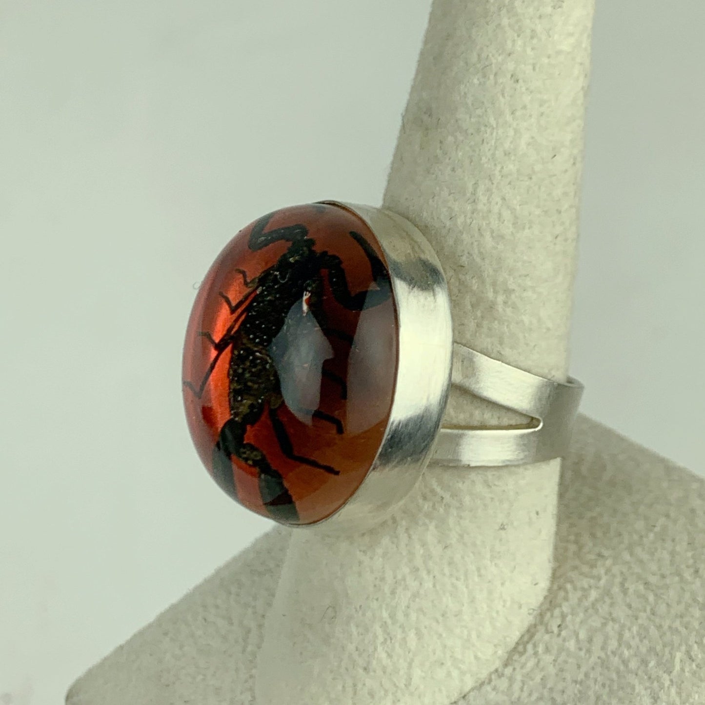 Black Scorpion in Red Globe Sterling Ring - Loved To Death