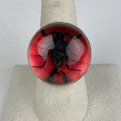 Black Scorpion in Red Globe Sterling Ring - Loved To Death
