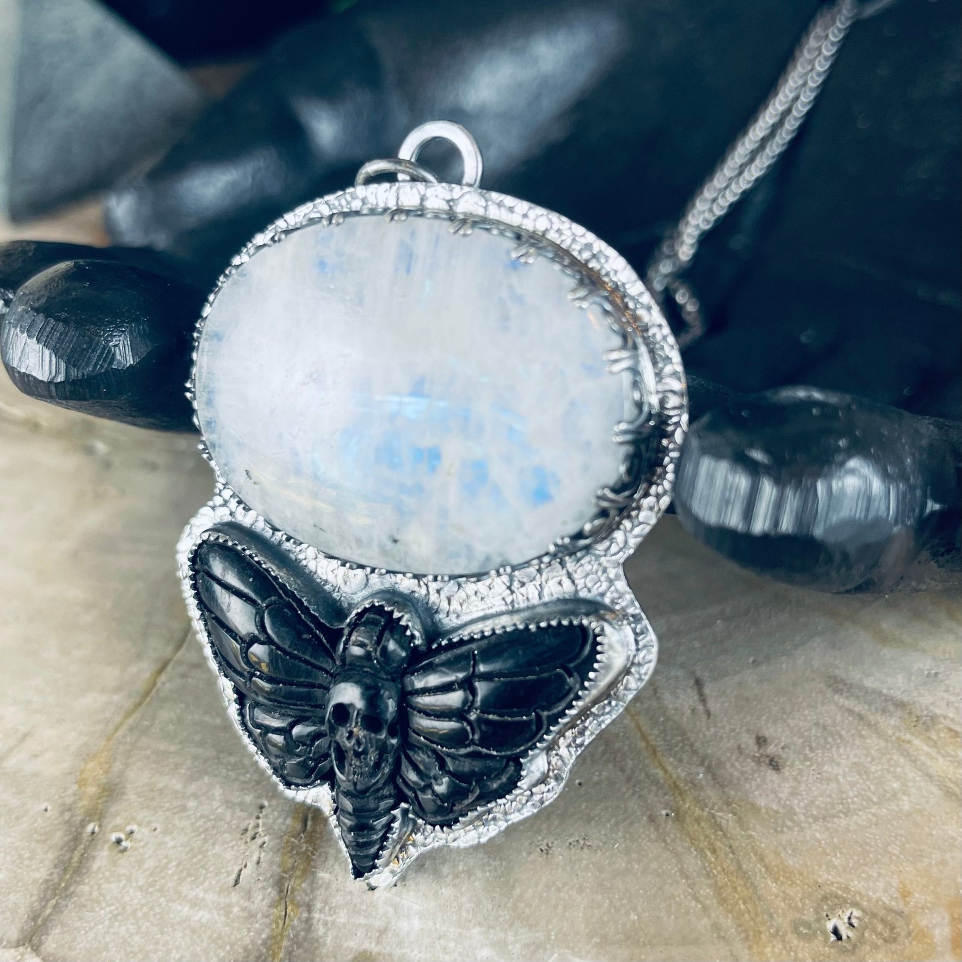 { Fable } Sterling Moonstone & Carved Horn Death Head Moth Necklace - Loved To Death