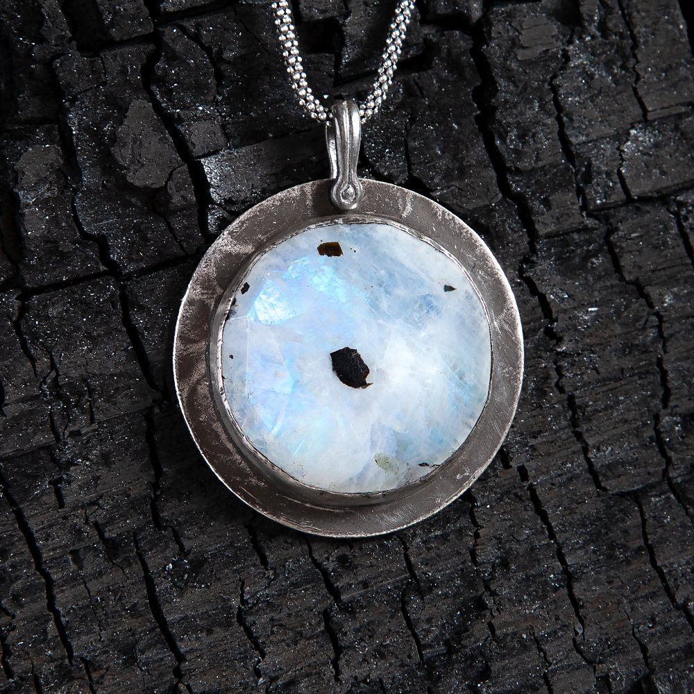 Faceted Moonstone Full Moon Sterling Amulet Necklace Crown Setting - Loved To Death