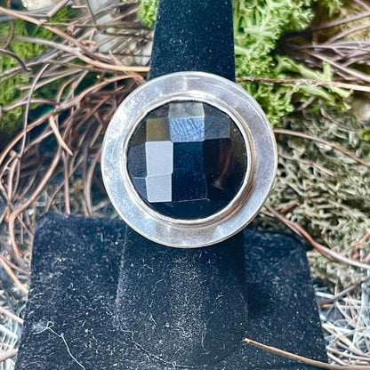 Faceted Obsidian Full Moon Sterling Amulet Ring - Loved To Death
