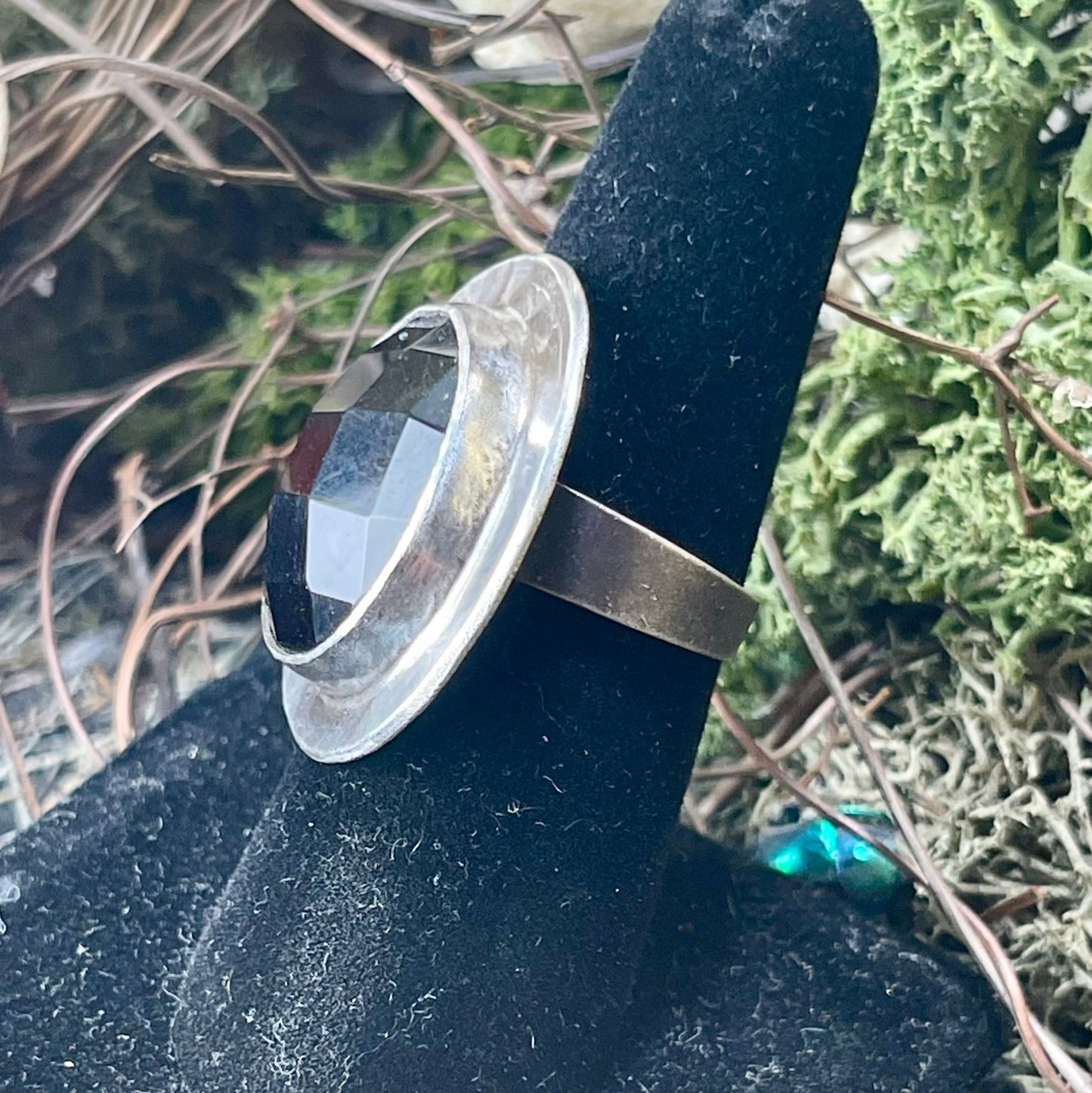 Faceted Obsidian Full Moon Sterling Amulet Ring - Loved To Death