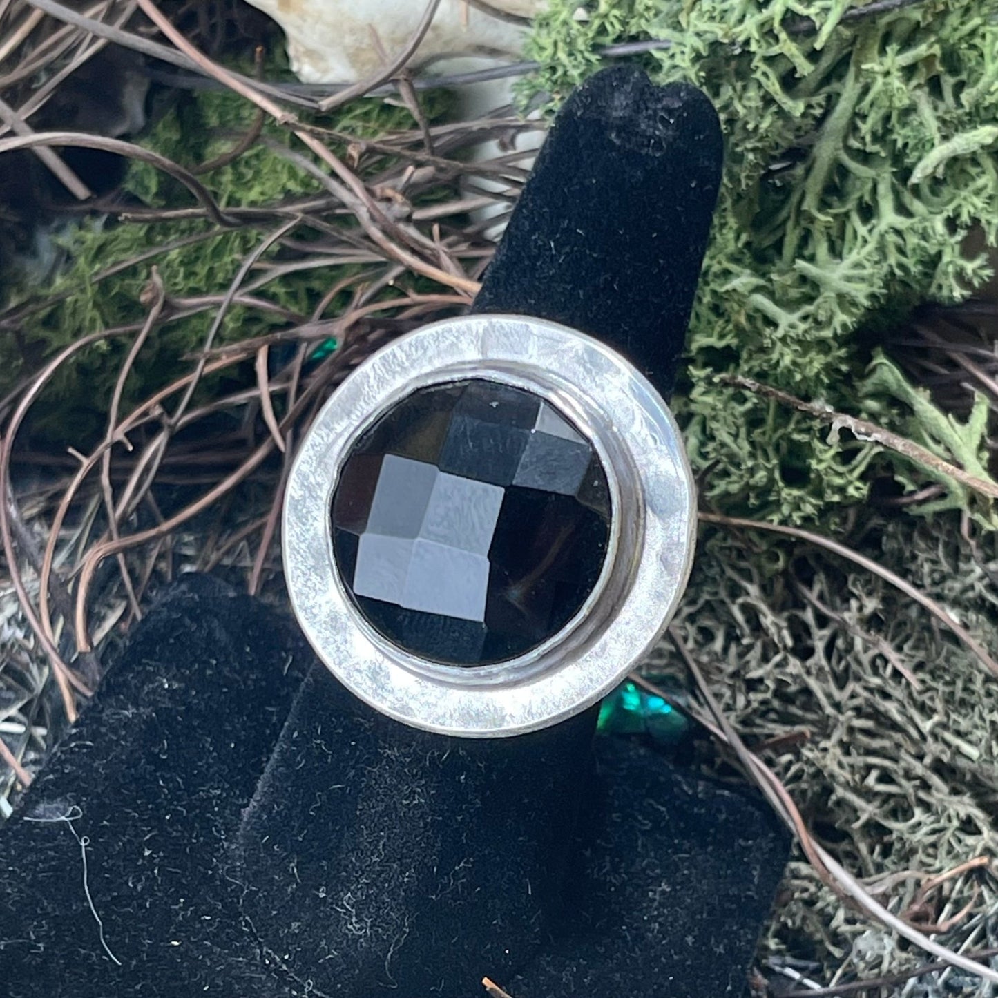 Faceted Obsidian Full Moon Sterling Amulet Ring - Loved To Death