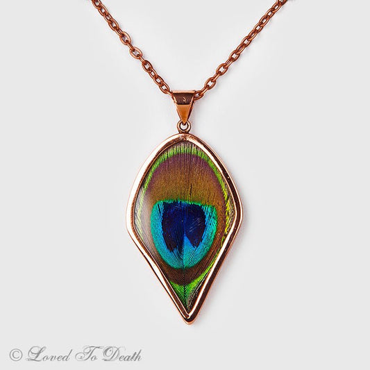 Genuine Peacock Feather in Copper Rose Gold Filled Necklace - Loved To Death