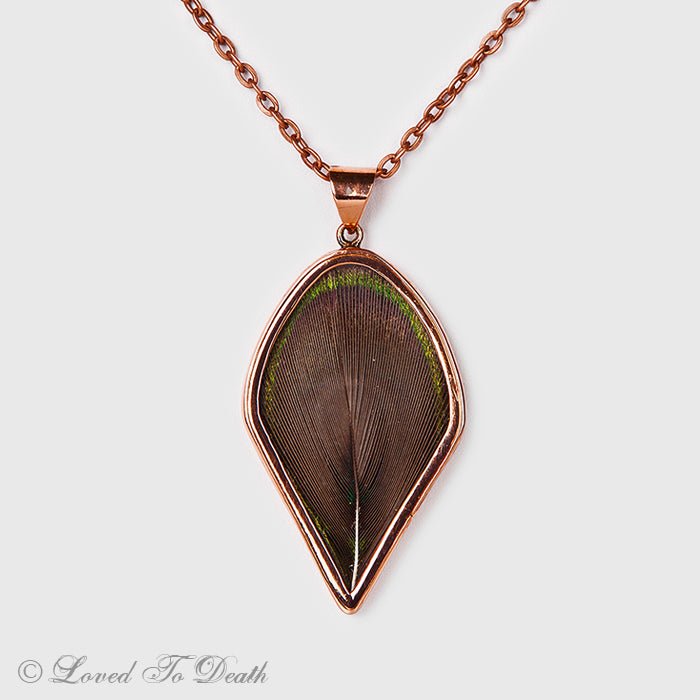 Genuine Peacock Feather in Copper Rose Gold Filled Necklace - Loved To Death